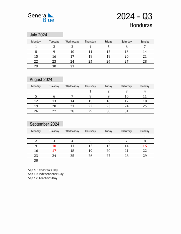 Honduras Quarter 3 2024 Calendar with Holidays