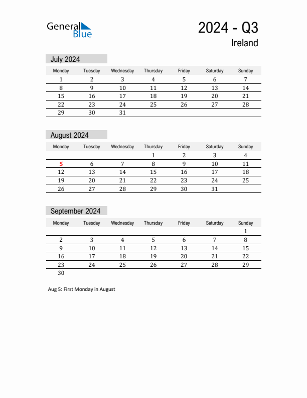 Ireland Quarter 3 2024 Calendar with Holidays