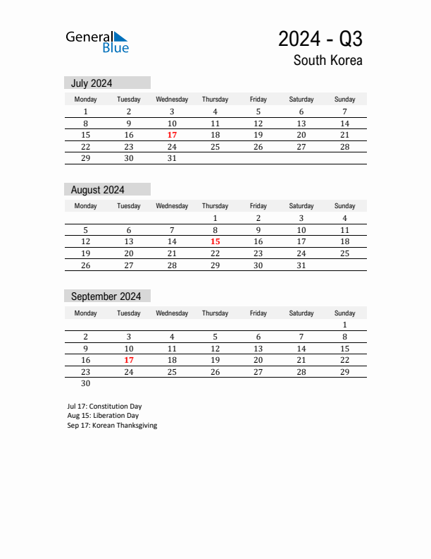 South Korea Quarter 3 2024 Calendar with Holidays