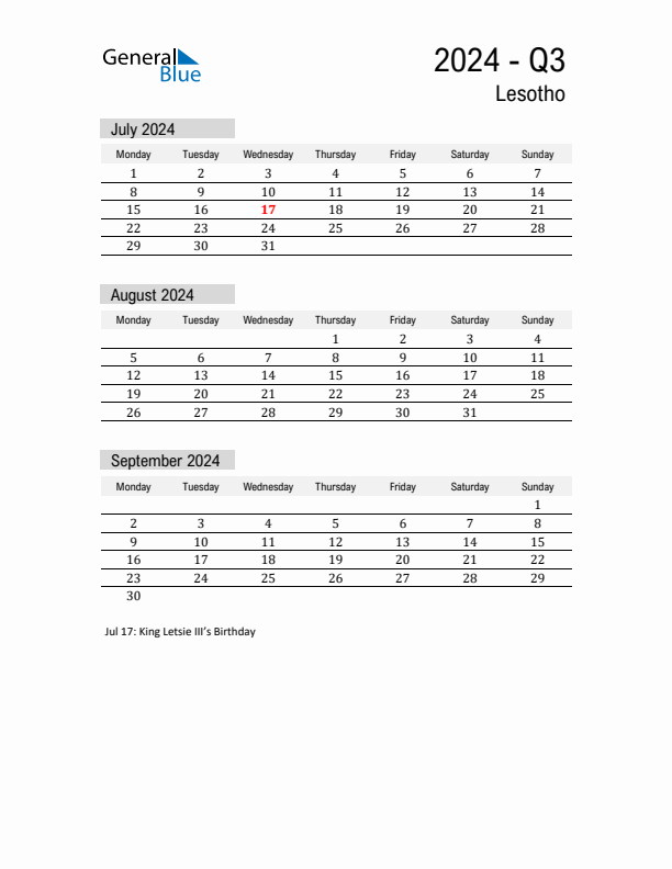 Lesotho Quarter 3 2024 Calendar with Holidays