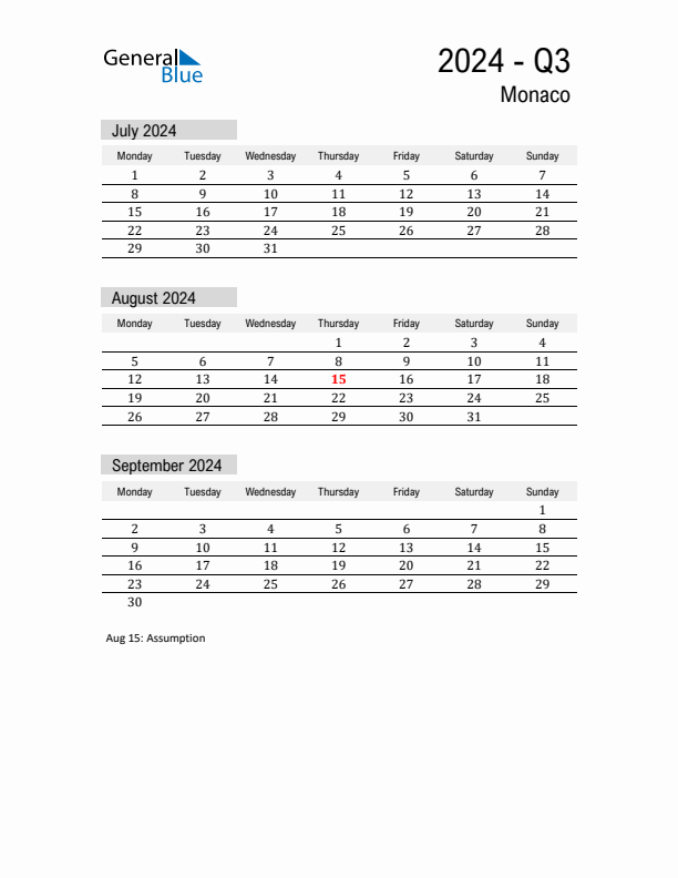 Monaco Quarter 3 2024 Calendar with Holidays