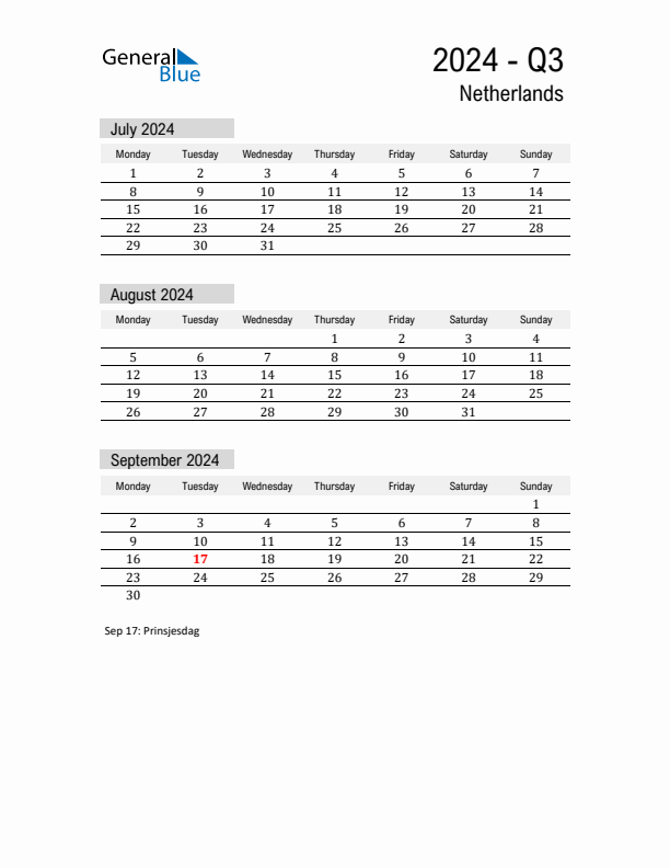 The Netherlands Quarter 3 2024 Calendar with Holidays