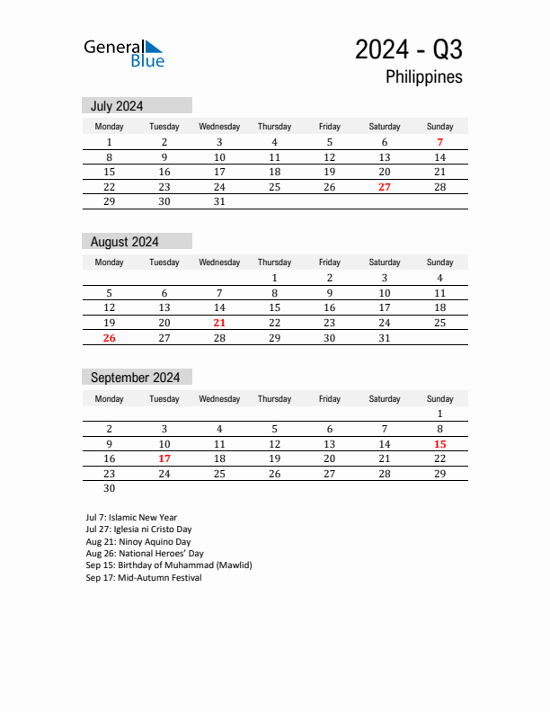 Philippines Quarter 3 2024 Calendar with Holidays