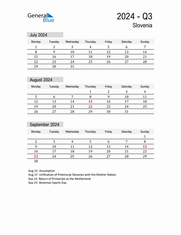 Slovenia Quarter 3 2024 Calendar with Holidays