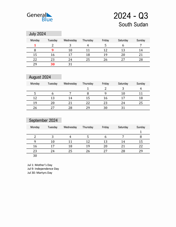 South Sudan Quarter 3 2024 Calendar with Holidays