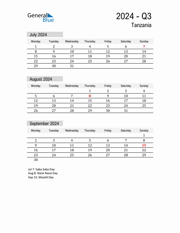 Tanzania Quarter 3 2024 Calendar with Holidays