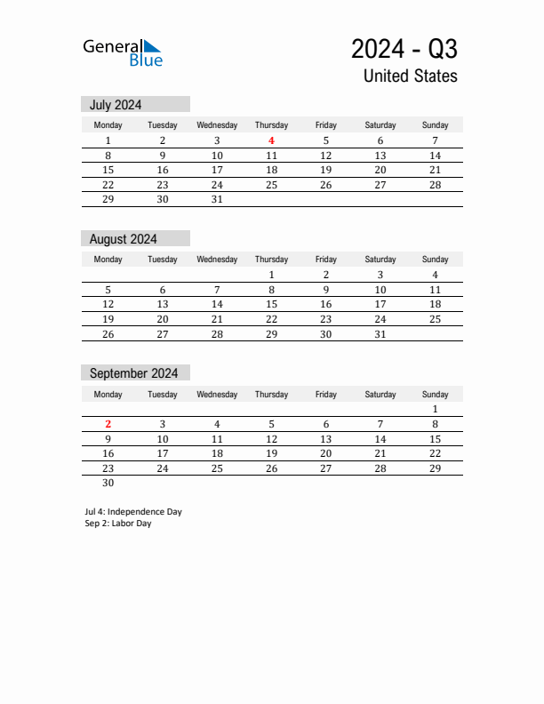 United States Quarter 3 2024 Calendar with Holidays