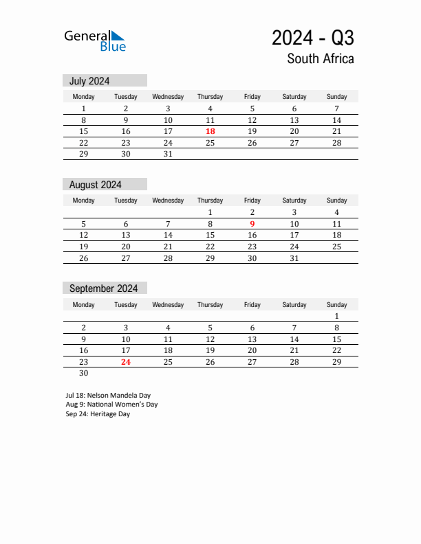 South Africa Quarter 3 2024 Calendar with Holidays