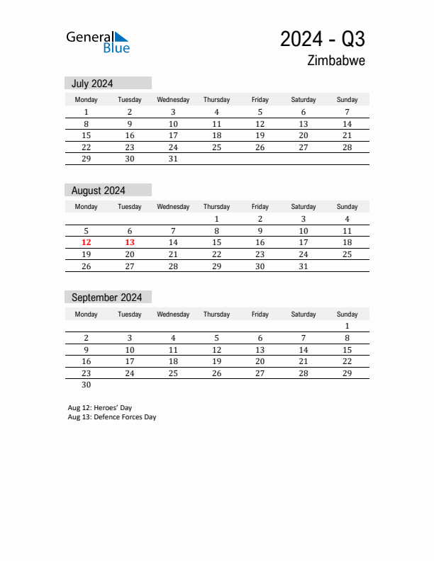 Zimbabwe Quarter 3 2024 Calendar with Holidays