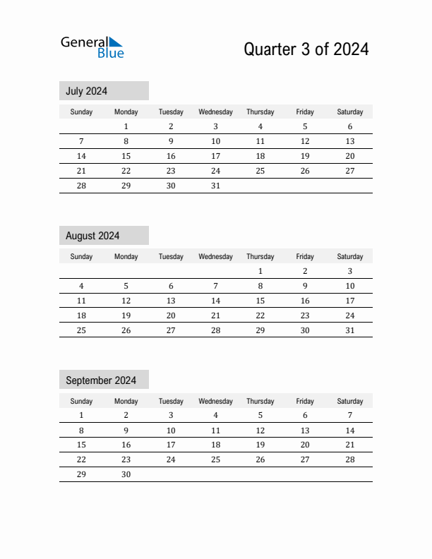 July, August, and September Calendar 2024