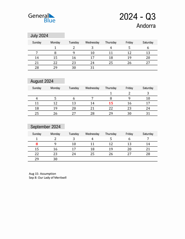 Andorra Quarter 3 2024 Calendar with Holidays