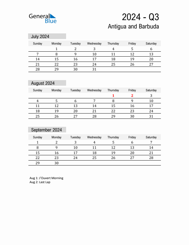 Antigua and Barbuda Quarter 3 2024 Calendar with Holidays