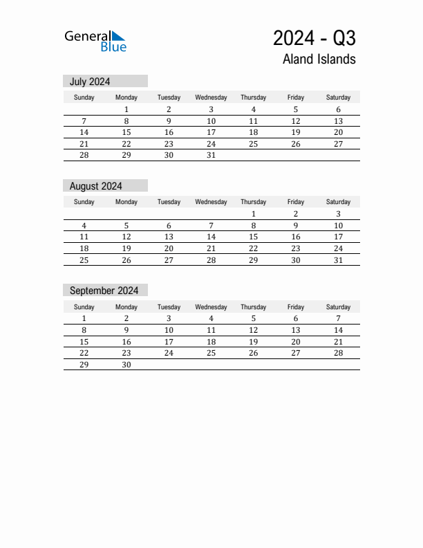 Aland Islands Quarter 3 2024 Calendar with Holidays