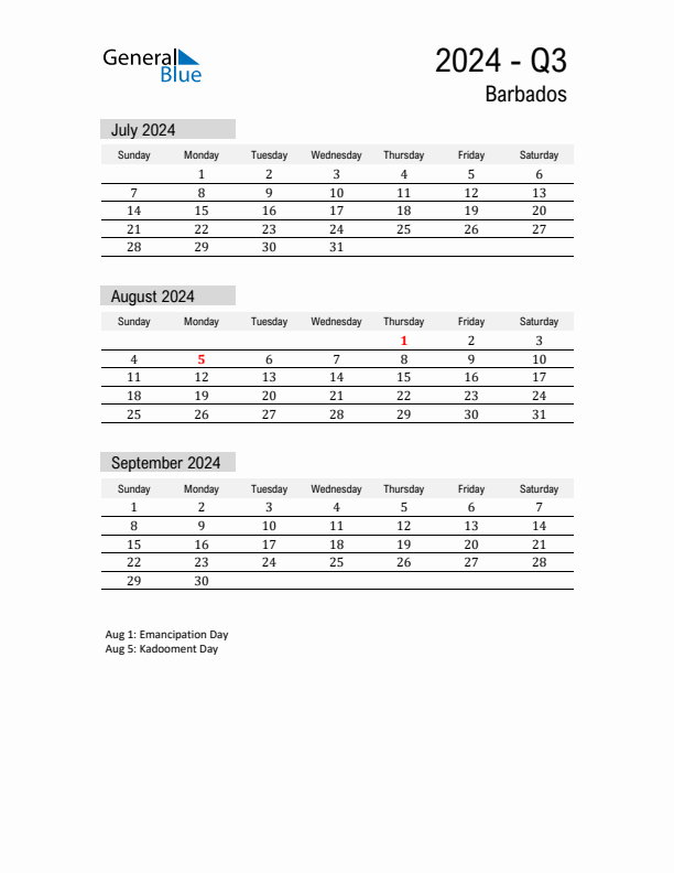 Barbados Quarter 3 2024 Calendar with Holidays