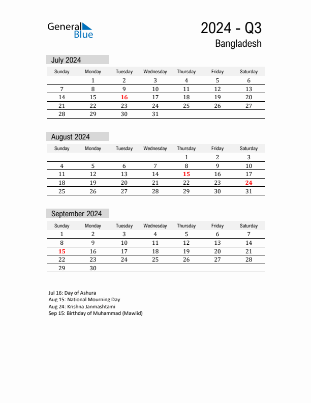 Bangladesh Quarter 3 2024 Calendar with Holidays