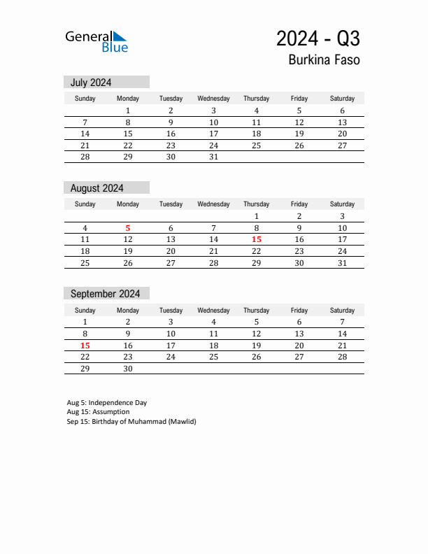 Burkina Faso Quarter 3 2024 Calendar with Holidays