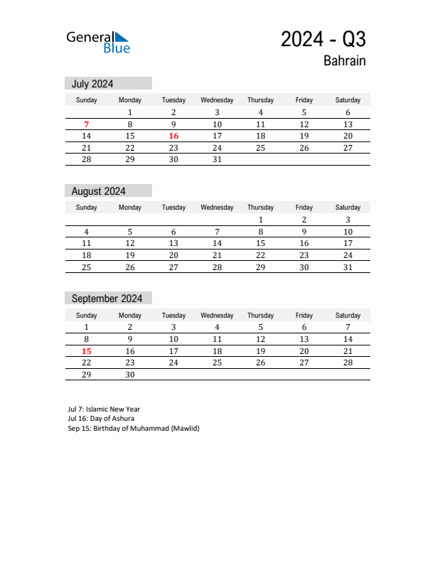 Bahrain Quarter 3 2024 Calendar with Holidays