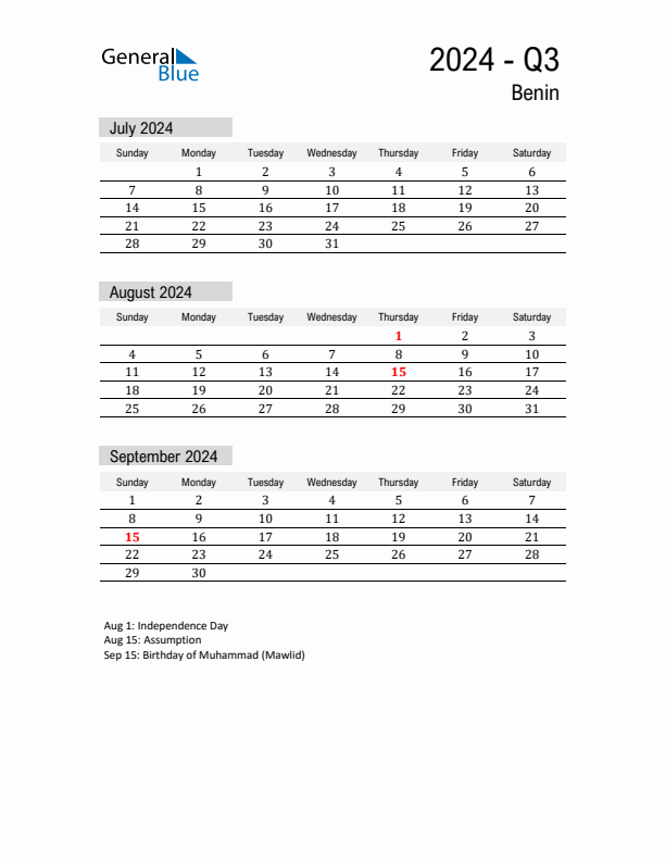 Benin Quarter 3 2024 Calendar with Holidays