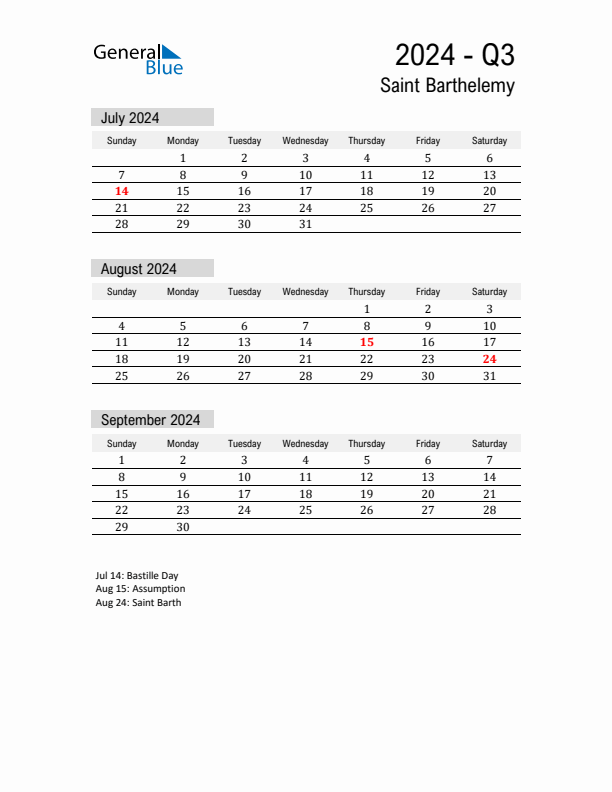 Saint Barthelemy Quarter 3 2024 Calendar with Holidays