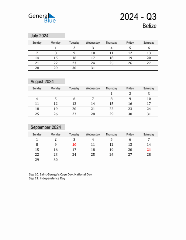Belize Quarter 3 2024 Calendar with Holidays