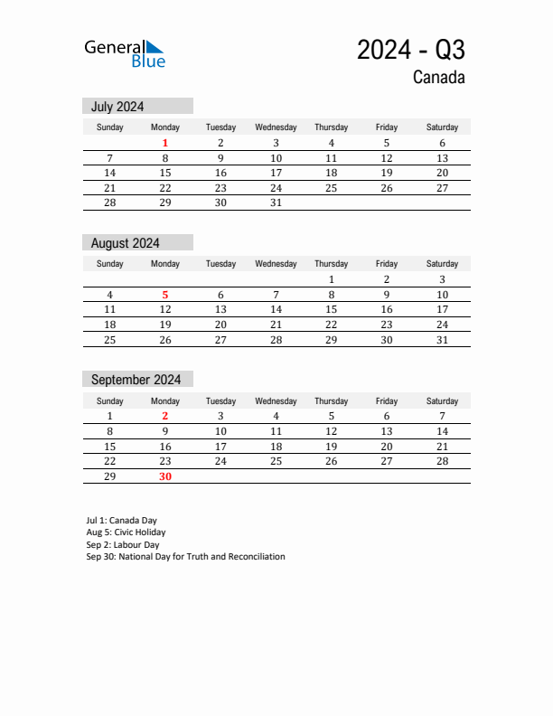 Canada Quarter 3 2024 Calendar with Holidays