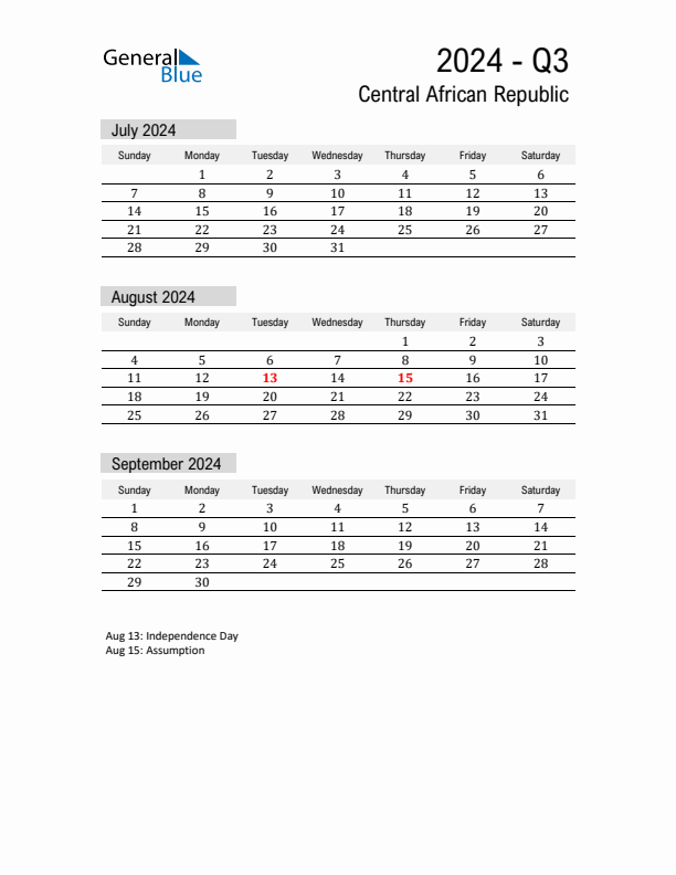 Central African Republic Quarter 3 2024 Calendar with Holidays