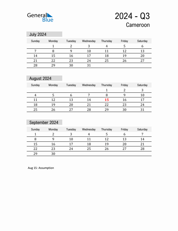 Cameroon Quarter 3 2024 Calendar with Holidays