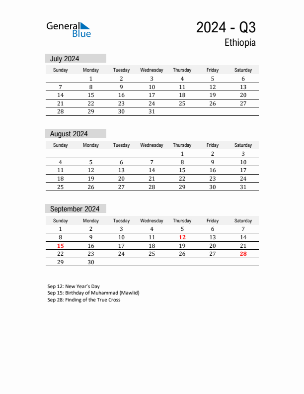 Ethiopia Quarter 3 2024 Calendar with Holidays