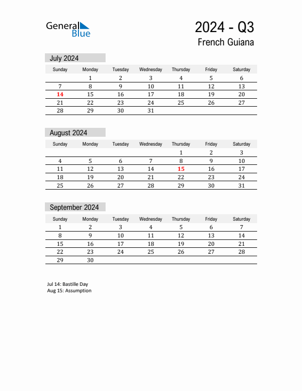 French Guiana Quarter 3 2024 Calendar with Holidays