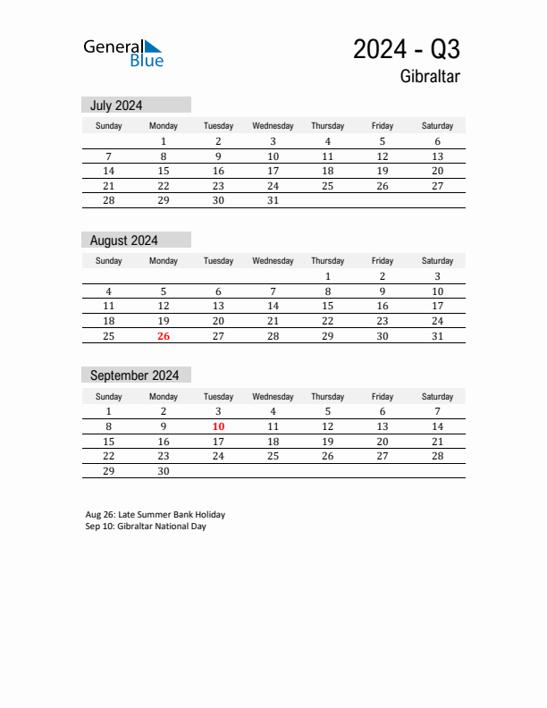 Gibraltar Quarter 3 2024 Calendar with Holidays