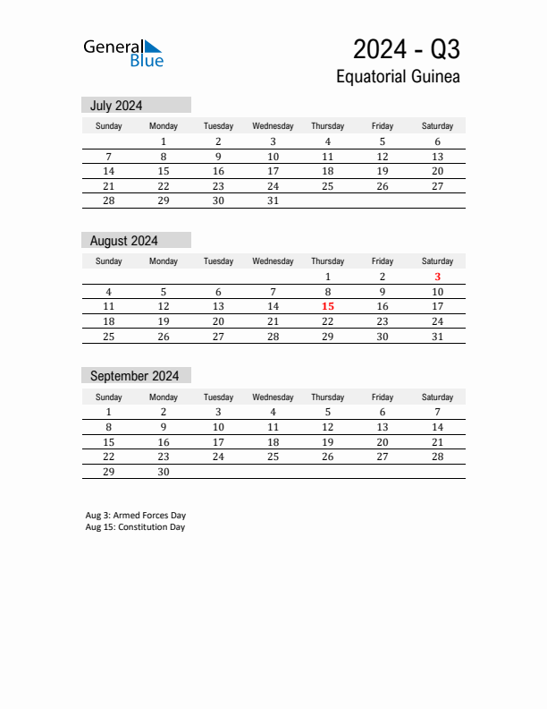 Equatorial Guinea Quarter 3 2024 Calendar with Holidays