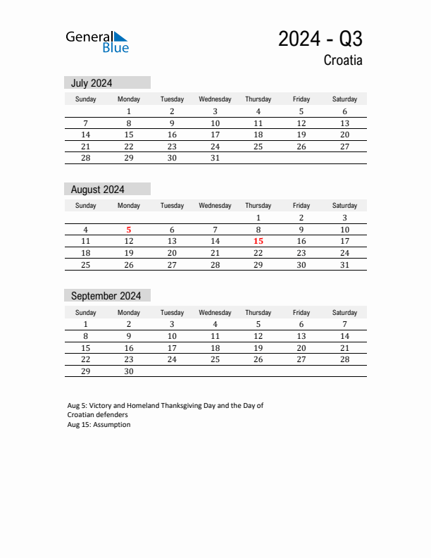 Croatia Quarter 3 2024 Calendar with Holidays