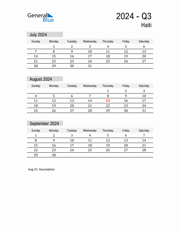 Haiti Quarter 3 2024 Calendar with Holidays
