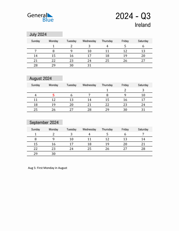 Ireland Quarter 3 2024 Calendar with Holidays