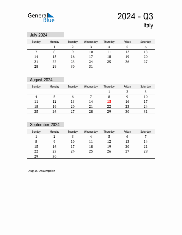 Italy Quarter 3 2024 Calendar with Holidays