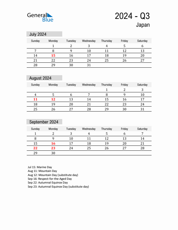 Japan Quarter 3 2024 Calendar with Holidays