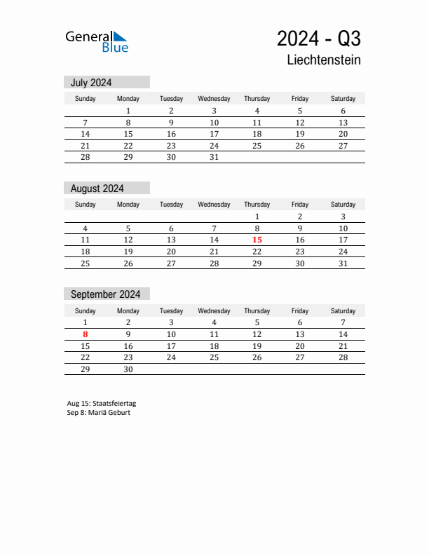 Liechtenstein Quarter 3 2024 Calendar with Holidays