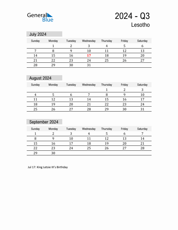 Lesotho Quarter 3 2024 Calendar with Holidays