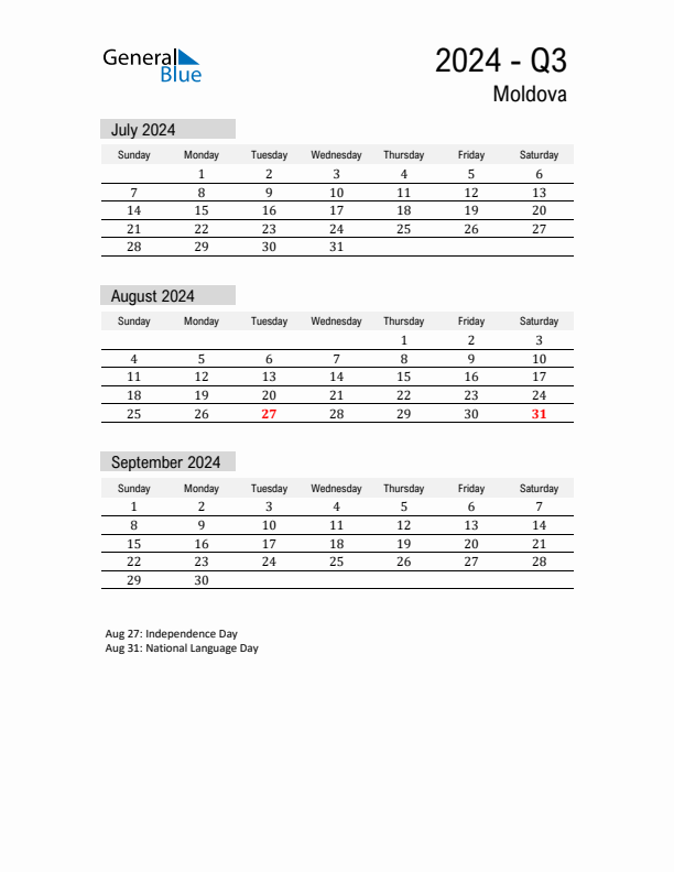 Moldova Quarter 3 2024 Calendar with Holidays