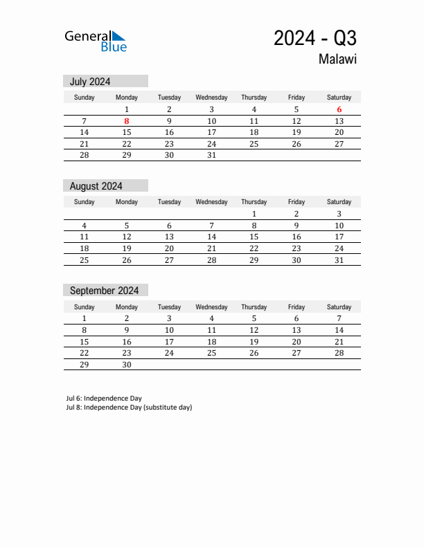 Malawi Quarter 3 2024 Calendar with Holidays