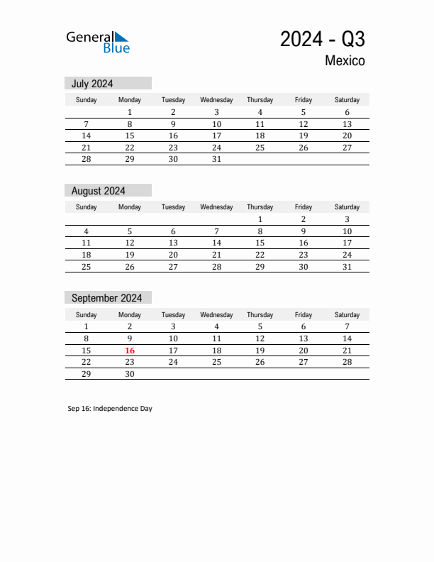 Mexico Quarter 3 2024 Calendar with Holidays