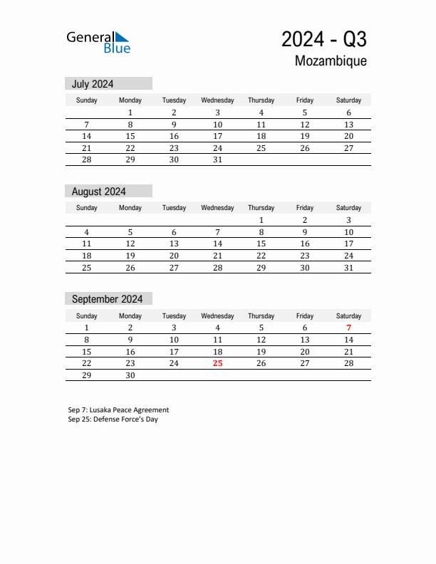 Mozambique Quarter 3 2024 Calendar with Holidays