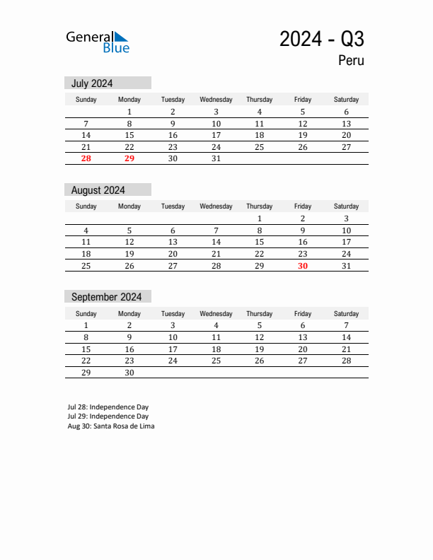 Peru Quarter 3 2024 Calendar with Holidays