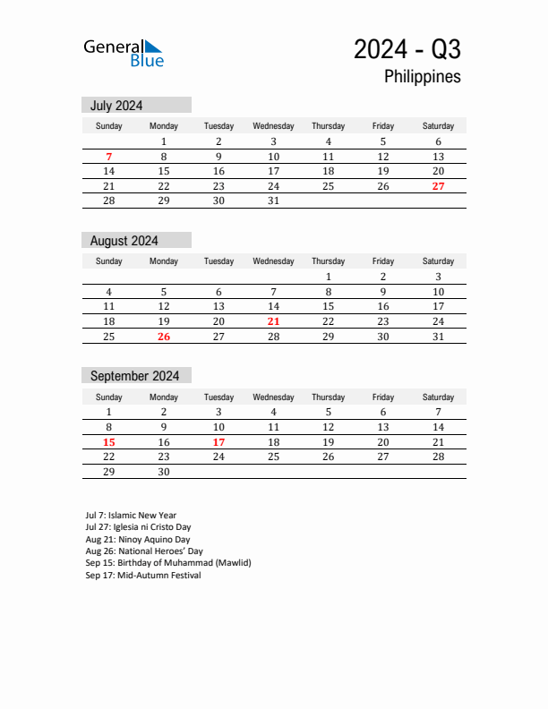 Philippines Quarter 3 2024 Calendar with Holidays