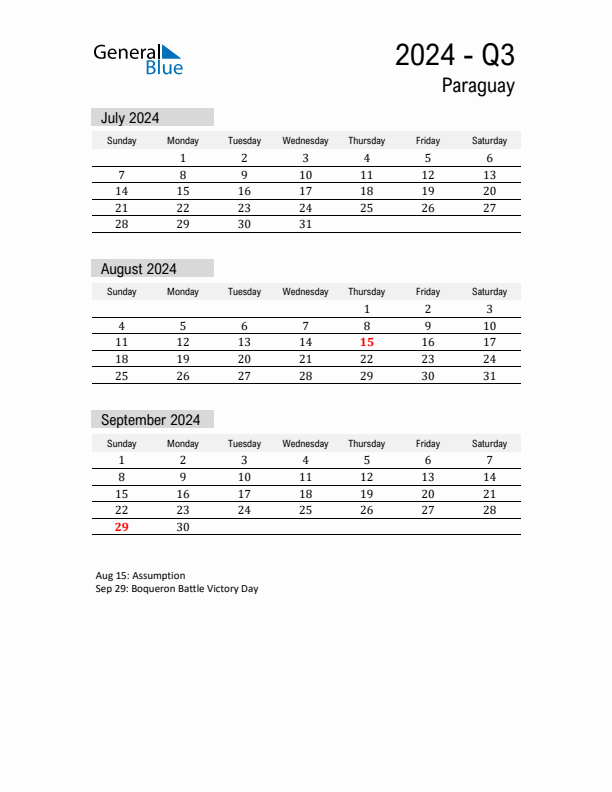 Paraguay Quarter 3 2024 Calendar with Holidays