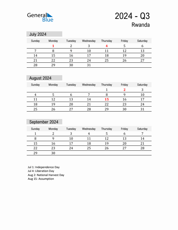 Rwanda Quarter 3 2024 Calendar with Holidays