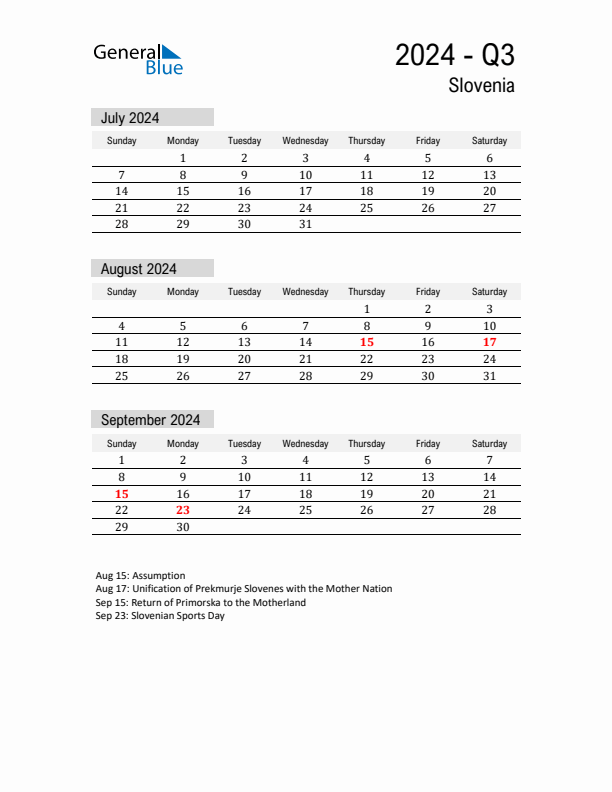 Slovenia Quarter 3 2024 Calendar with Holidays