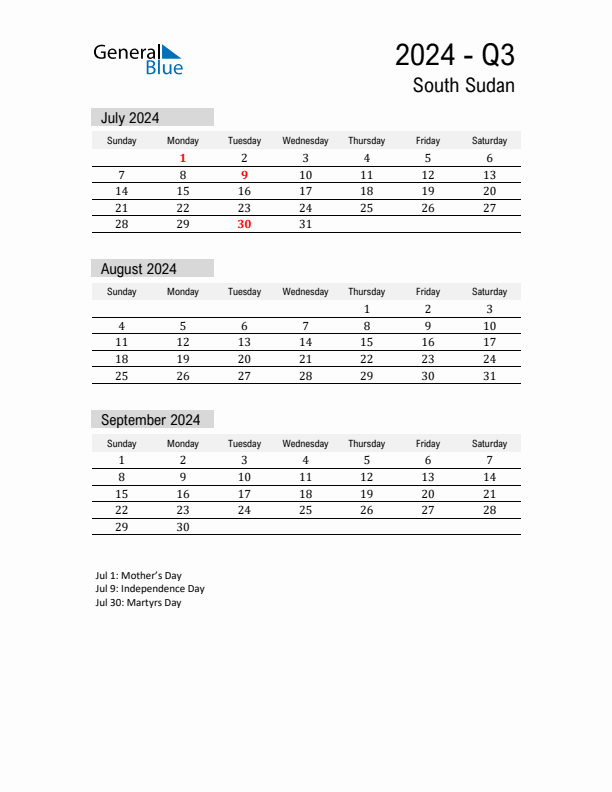 South Sudan Quarter 3 2024 Calendar with Holidays