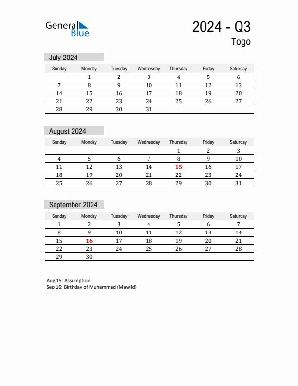 Togo Quarter 3 2024 Calendar with Holidays