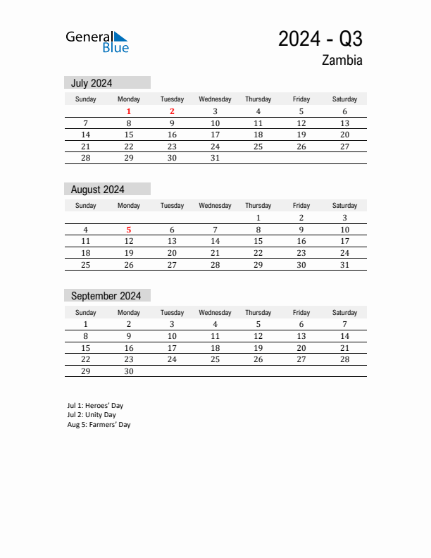 Zambia Quarter 3 2024 Calendar with Holidays